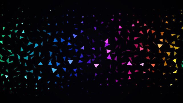 Abstract rainbow triangle particle motion background, dynamic geometric digital animation triangles