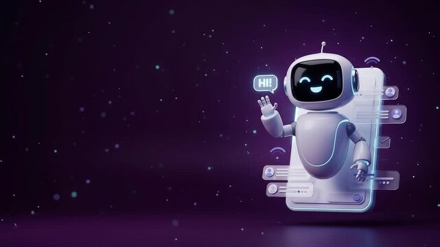 Friendly AI chatbot character waving from smartphone screen, cute robot assistant for mobile app interface, purple digital background with copy space