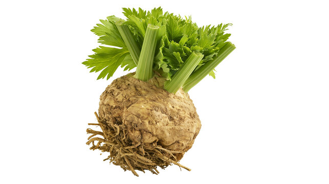 Isolated fresh celeriac with green leaves and earthy roots, raw ingredient for healthy cooking.
