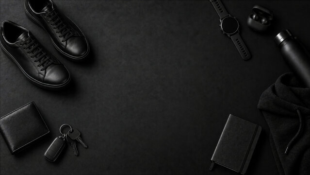Flat Lay of Stylish Men's Black Accessories and Essentials on Dark Background