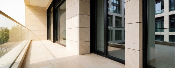 Obraz premium Empty modern balcony with beige stone tiles, black window frames in luxury apartment. Minimalist terrace design offers copy space for text. Sunny residential loggia overlooks city buildings with