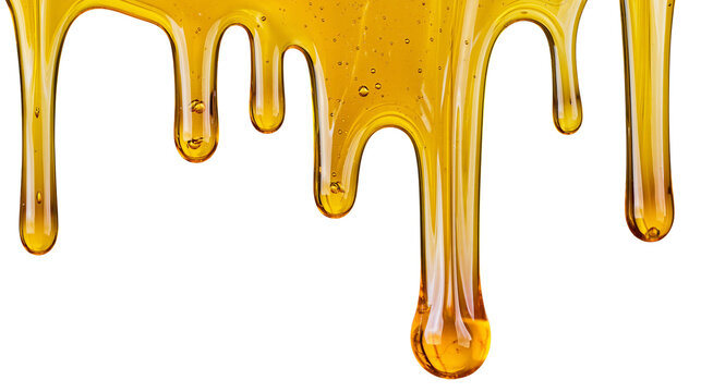 Isolated golden viscous liquid dripping down, showcasing a shiny and slow-flowing texture