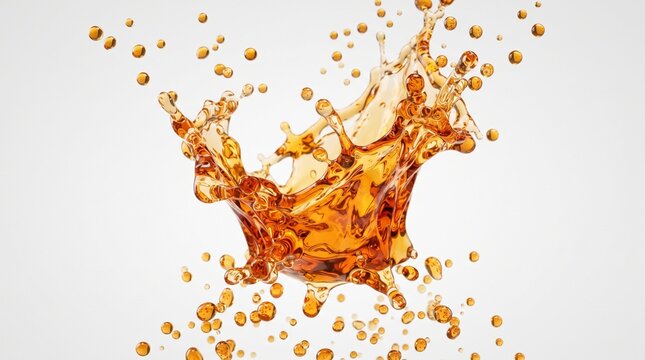Close-up of amber liquid splash with droplets in mid-air on white background