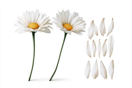 Watercolor daisy flowers with stems and individual petals, botanical illustration isolated on white background