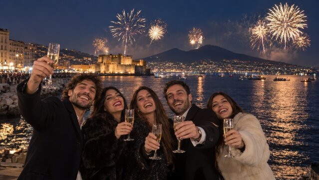 Freunde sto&szlig;en am Golf von Neapel an. Feuerwerk erhellt Uferpromenade, Castel dell&rsquo;Ovo und den Vesuv in festlicher Silvesternacht.