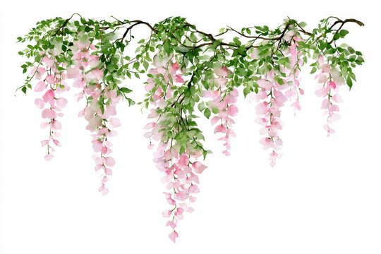 Watercolor hanging wisteria flowers and green leaves on a branch, isolated on white background
