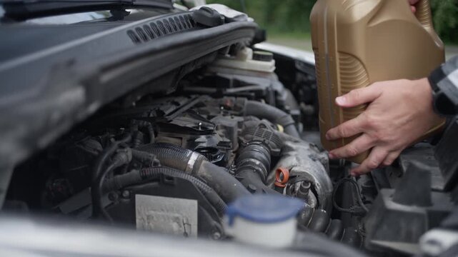 Driver actively pours motor oil into the engine of a vehicle during maintenance at an outdoor location