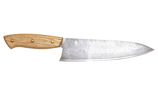 Isolated professional kitchen chef knife with a natural wooden handle and distinctive patterned steel blade