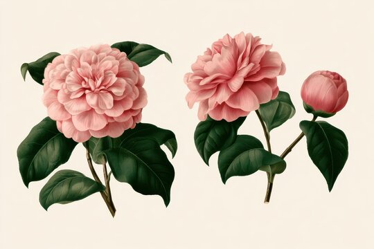 Vintage botanical illustration of pink camellia flowers and buds with dark green leaves isolated on white background