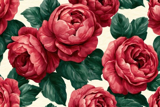 Seamless pattern with lush red roses and dark green leaves, romantic floral botanical illustration for fabric, wallpaper, and elegant stationery design