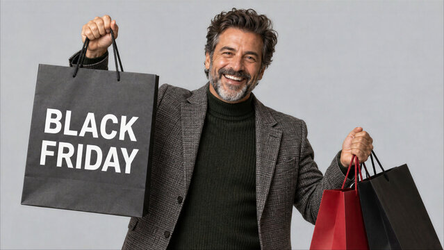 Cheerful Middle-Aged Man Holding Shopping Bags with Black Friday Text Celebrating Seasonal Sales and Discounts Isolated on Neutral Grey Background
