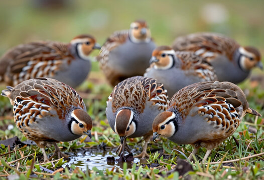 Wildlife conservation and biodiversity, group of red-legged partridges foraging for water in a natural meadow habitat during a sunny spring morning