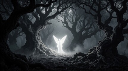 Obraz premium Mystical white angel with large wings floats in dark primeval forest. Glowing holy spirit appears amidst ancient trees, thick fog. Ethereal celestial brings light to gloomy woods during night.