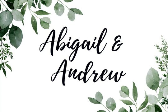 Wedding invitation card design with elegant watercolor eucalyptus leaves and greenery branches, featuring the names abigail and andrew in a stylish script font