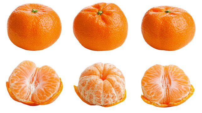 Isolated group of fresh whole and peeled ripe mandarins showing juicy segments