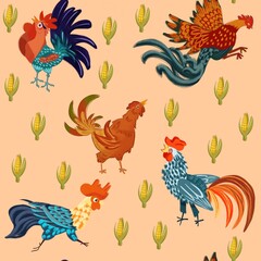 Cute roosters and corn cobs seamless pattern, hand drawn farm background © Liubov