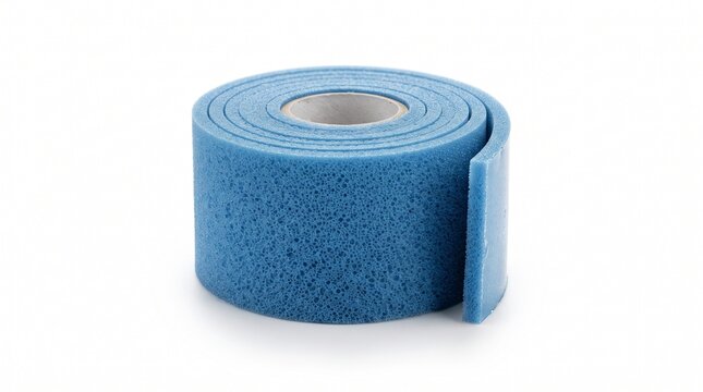 Blue foam tape roll with cut section on white background for repair or insulation