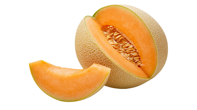 Isolated fresh ripe cantaloupe fruit cut in half with a separate single juicy slice