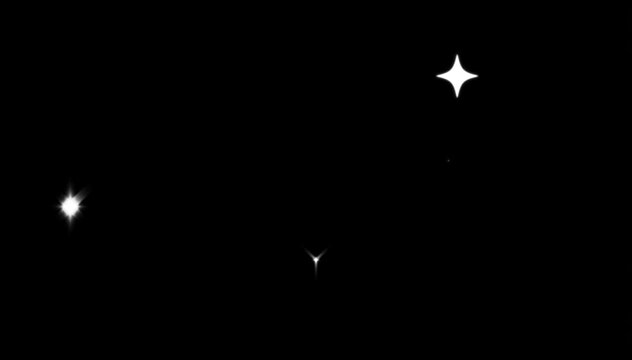 Glowing shining stars overlay animation, magical starry sky with twinkling stars loop, sparkle star light effect on black background, festive holiday celebration, 4k video footage asset