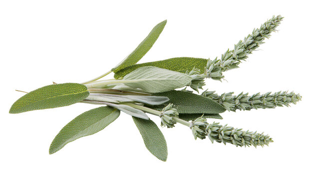 Isolated fresh sage plant with textured green leaves and developing flower spikes