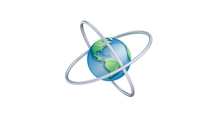 Isolated blue and green Earth globe with silver orbiting rings symbolizing global connection © Diego