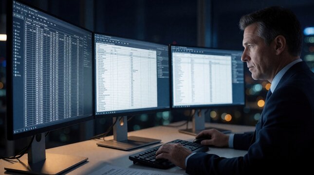 Pro customs broker works at night using triple monitor setup. Male specialist reviews international shipping manifests, tariff codes on computer screens. Logistics expert manages cross border trade,