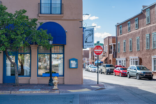 Santa Fe, NM, USA - May 15, 2025: Corner of Hotel St. Francis at Gaspar Avenue and Water Street in Downtown Santa Fe