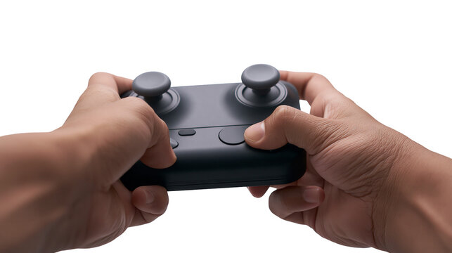 Isolated hands holding modern black drone remote control navigating joysticks and pressing buttons.