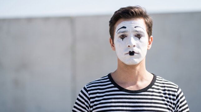 Mime wearing striped shirt with face paint posing outdoors. Mime with expressive white face paint and black accents stands against concrete background.