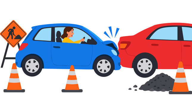 Startled female driver crashing blue hatchback into rear of red sedan near orange traffic cones in roadwork zone vector illustration depicting automobile accident on white backdrop