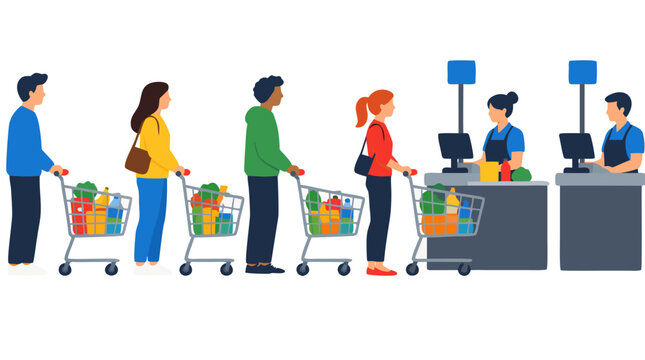 Line of diverse customers pushing grocery carts waiting patiently at supermarket cashier checkout counters vector illustration depicting retail grocery shopping on white background