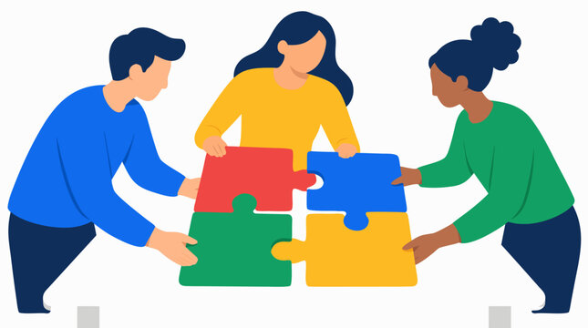 Three collaborative colleagues joining red, blue, green, and yellow interlocking jigsaw puzzle pieces together on table vector illustration showing successful teamwork on white backdrop
