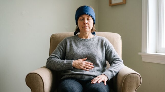Migraine self-management pause, Seated adult practicing quiet breathing, Hand resting on abdomen, Forehead wrap and supported posture, Calm moment at home