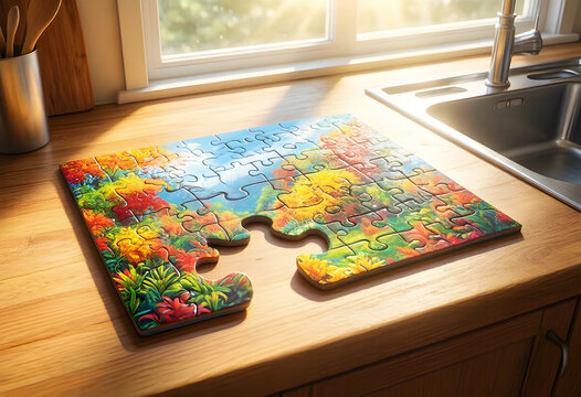 Problem solving and strategy, jigsaw puzzle with missing piece on kitchen counter business challenge and incomplete solution in home setting