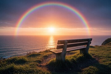 Obraz premium Empty wooden bench sits on grassy hill overlooking ocean at sunset. Large rainbow arcs across colorful sky above calm sea. Peaceful landscape view with warm sunlight, vibrant hues. Concept of