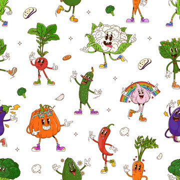 Cartoon ripe groovy hippie vegetables characters on seamless pattern background. Y2K pattern of groovy funky cauliflower with trippy carrot vegetable, crazy spinach and freaky garlic with rainbow