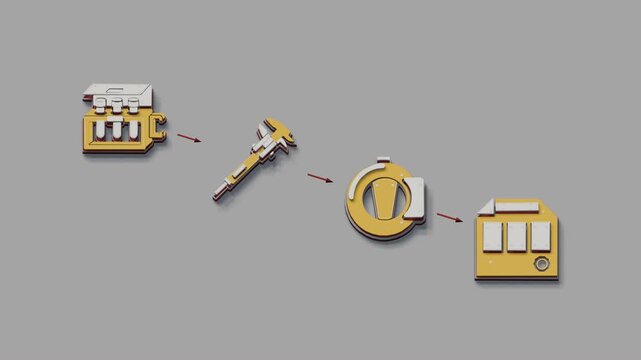Sampling and measurement move a batch through inspection toward a decision, while decline, write-down, and arrears mark an unfavorable disposition. Flat 3D style with smooth matte surfaces.