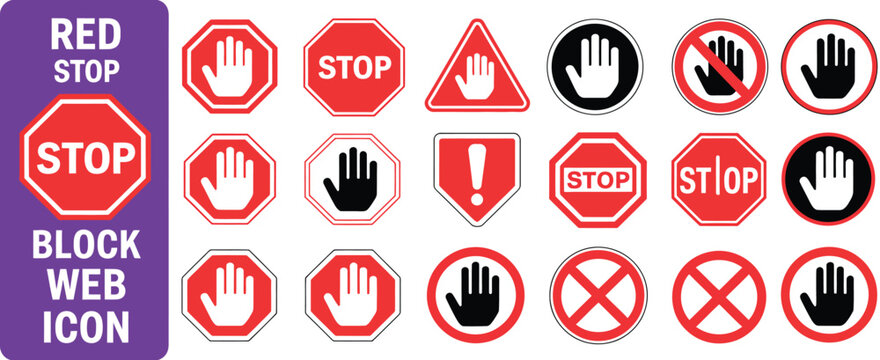 Red stop hand block octagon sign adblock do not enter forbidden icon vector graphic alert warning symbol restricted access security mark boundary banner button design template