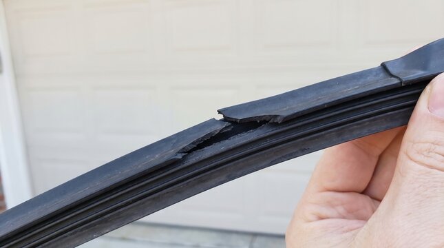 Torn wiper blade rubber held by hand showing damaged area and cracks, illustrating the condition of vehicle maintenance. Torn wiper blade rubber is essential for safe driving visibility.