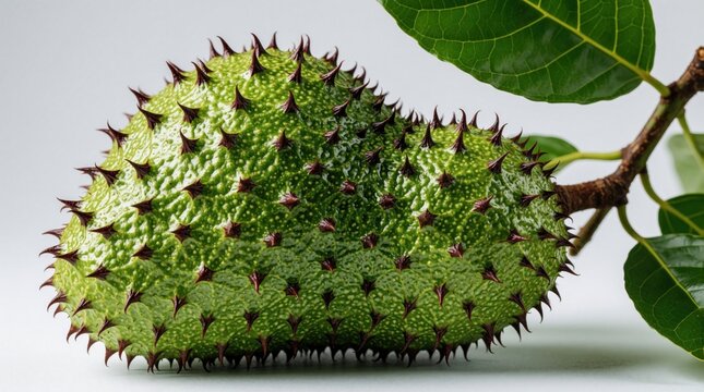 Ripe soursop fruit with green spiny skin on branch with leaves. Exotic guanabana fruit isolated on white background. Raw tropical fruit ingredient for healthy juice, vegan diet natural medicine