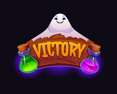 Cartoon Halloween casino gambling game victory emblem with funny ghost. Spooky reward screen icon with wooden sign, orange typography, friendly ghost mascot and glowing potion bottles for casino slots