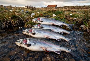 Obraz premium Sustainable fishing and food security, fresh rainbow trout catch in a mountain stream for local food supply and wilderness survival in rural landscape