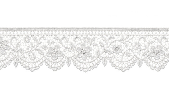 A horizontal white embroidered lace trim with scalloped floral edging, on a transparent background for borders, invitations, textiles, and decorative layouts.