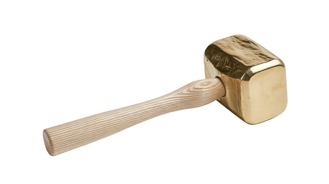 Isolated modern brass hammer with striking face and distinctive laminated wood handle for craftsmen