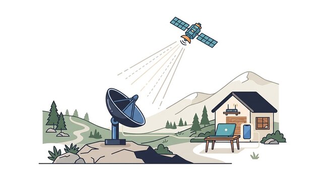 Satellite internet connection broadcasting signal to a parabolic dish antenna and rural home setup.