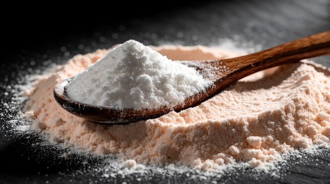 Close up of white powder on wooden spoon. Heap of fine flour supplement ingredient rests on pinkish salt pile. Macro shot shows texture of dry food additive cosmetic powder for beauty treatment