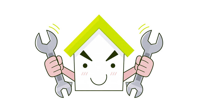 Isolated cartoon house character with green roof holding wrenches for home repair service.