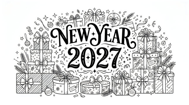 Whimsical hand-drawn New Year 2027 design featuring stacked gift boxes, ribbons, and confetti, isolated on transparent background.