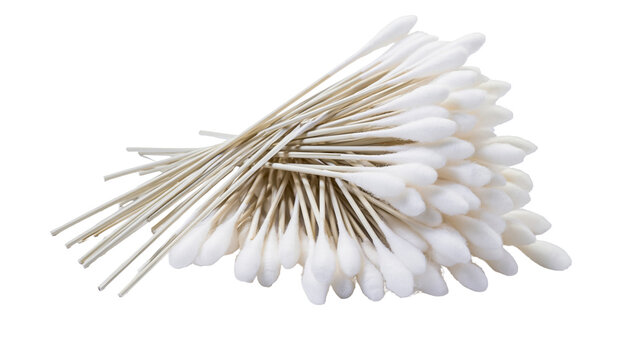 Isolated pile of clean white cotton swabs with wooden sticks for hygiene and beauty.