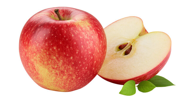 Isolated fresh whole and sliced red apple with green leaves ready to eat healthy food